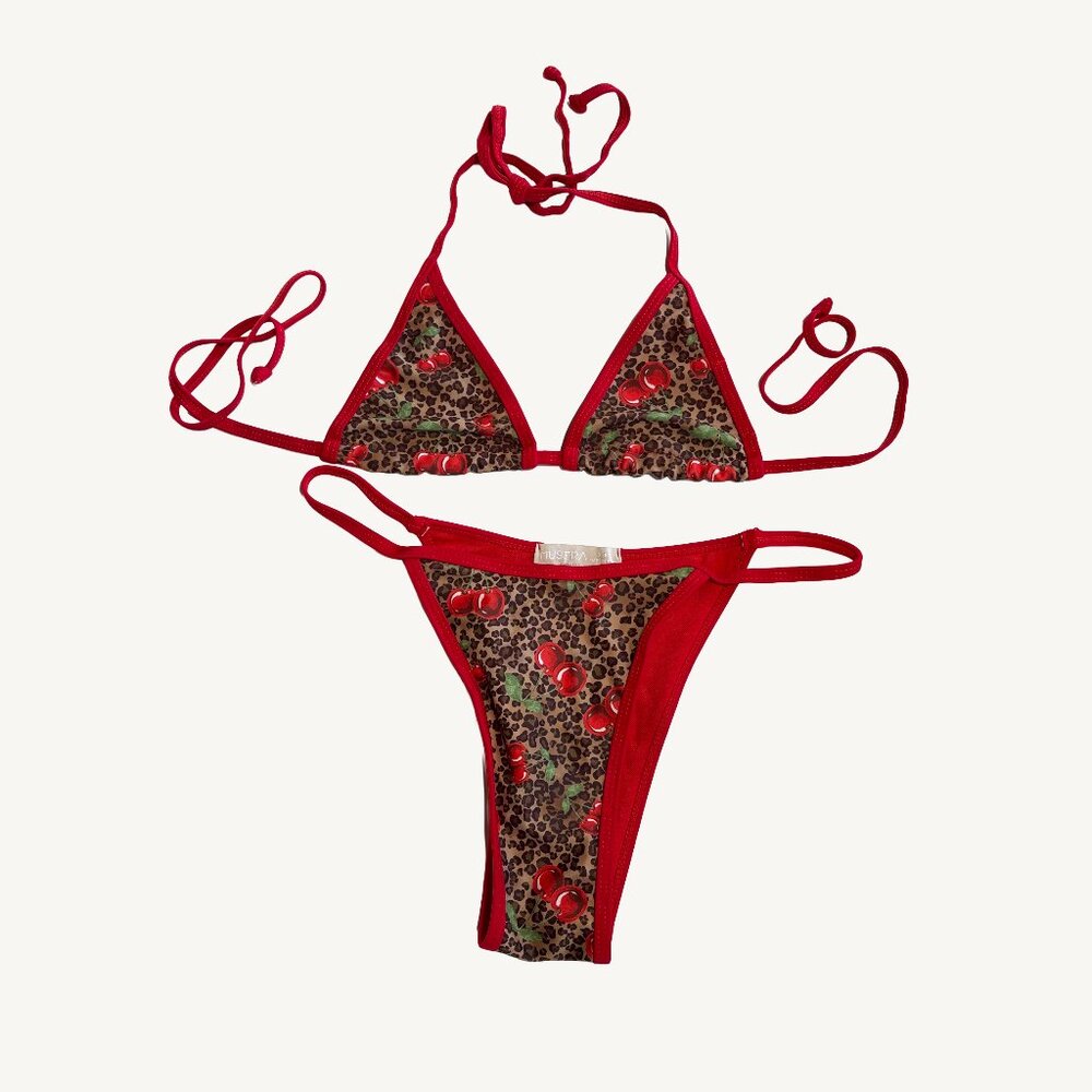 NWT Musera Cheetah and Cherry Print Triangle Bikini Top Small Bottom Medium